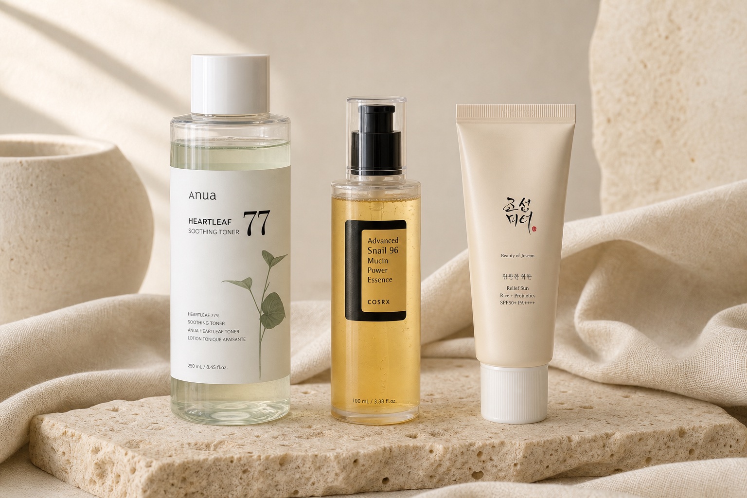 Anua Heartleaf Toner, COSRX Snail Essence ve Beauty of Joseon Relief Sun ile sabah bariyer seçkisi
